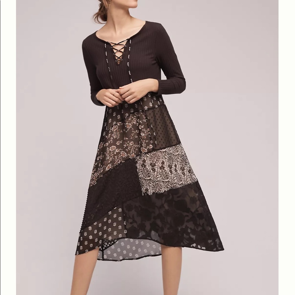 Anthropologie Maeve Combination Patchwork Paisley Floral Belle Noir Black Dress